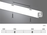 Technische Zeichnung eines weißen Aluminium-Profils mit Schrauben und Maßangaben in Millimetern für LED-Schienen.