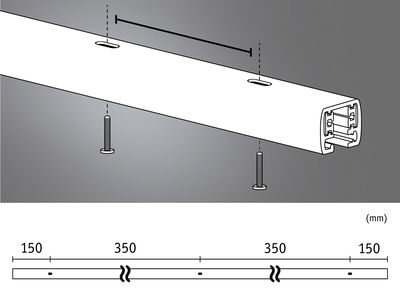 Technische Zeichnung eines weißen Aluminium-Profils mit Schrauben und Maßangaben in Millimetern für LED-Schienen.