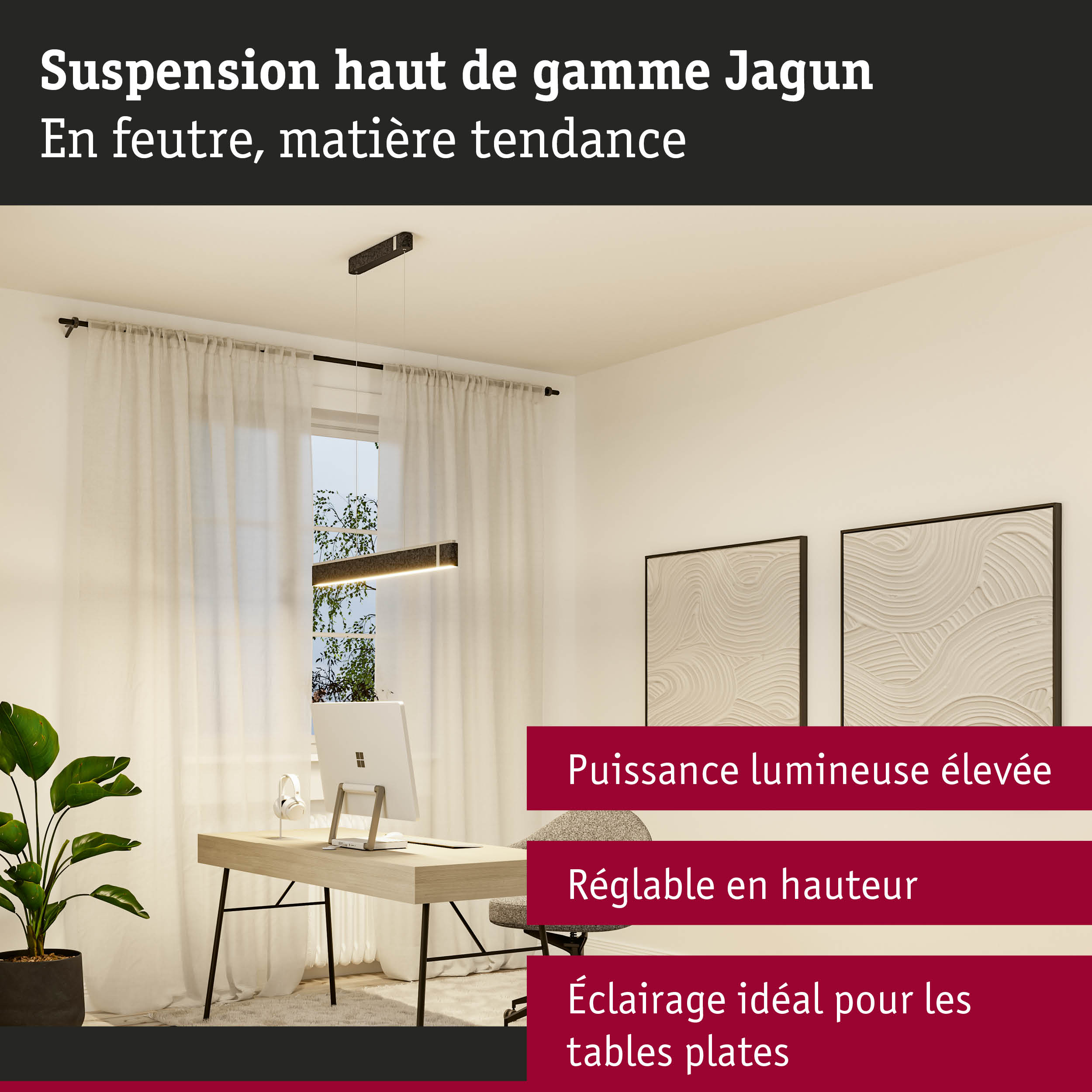 Suspension noire en feutre avec hauteur réglable, idéale pour bureau et salon moderne