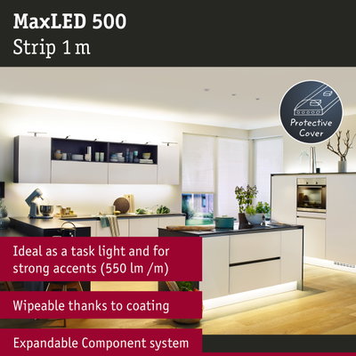 MaxLED 500 1m LED strip with protective cover, perfect for kitchen task lighting and accent illumination