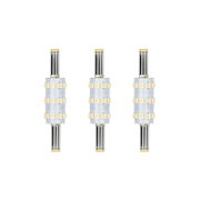Drei LED-Lampen mit silbernen Metallstiften und weißen Kunststoffgehäusen mit gelben LEDs