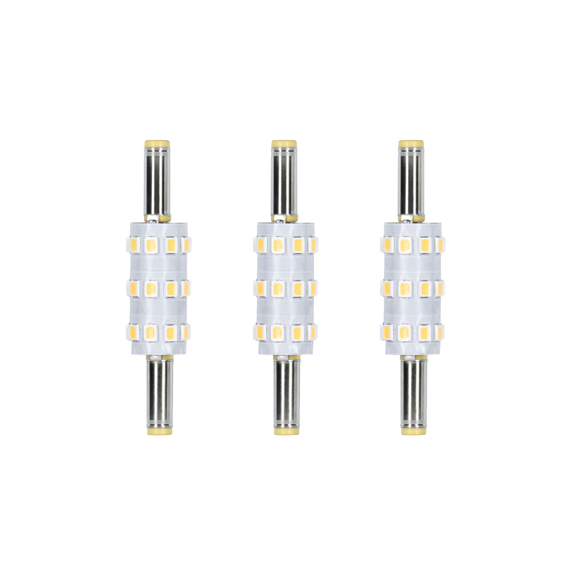 Drei LED-Lampen mit silbernen Metallstiften und weißen Kunststoffgehäusen mit gelben LEDs