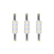 Three LED bulbs with silver metal pins and white plastic bodies featuring yellow LEDs