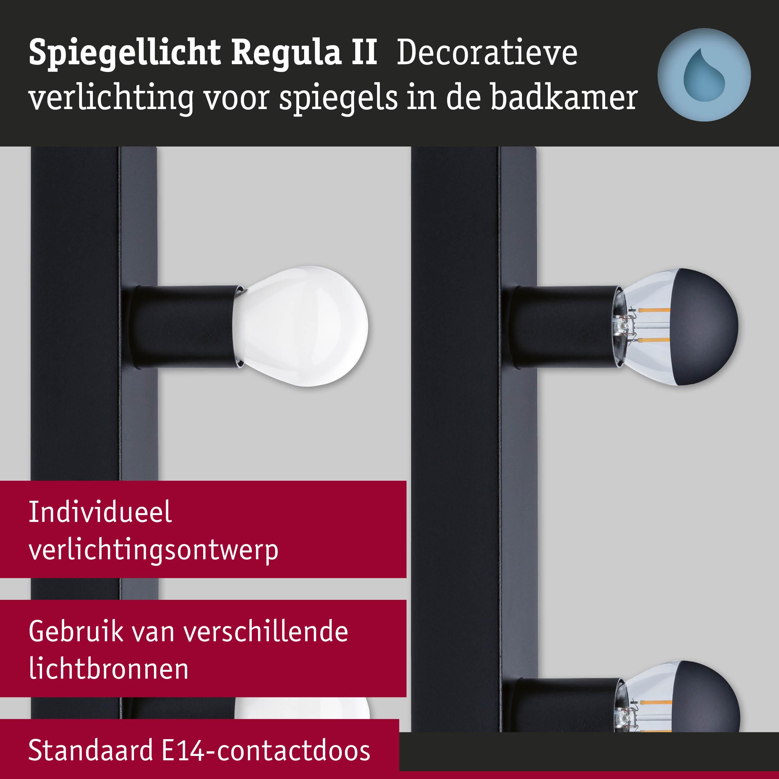 Zwarte Regula II spiegelverlichting met diverse E14 lampen voor decoratieve badkamerverlichting.