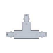 Grey plastic T-shaped connector with screws for track lighting systems and electrical connections
