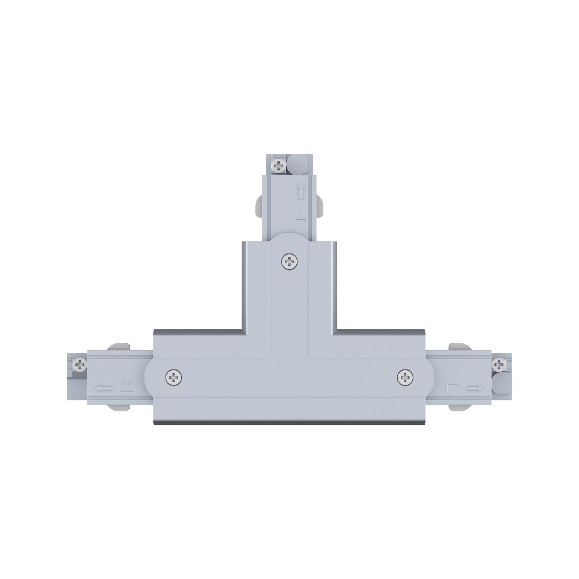 Grey plastic T-shaped connector with screws for track lighting systems and electrical connections