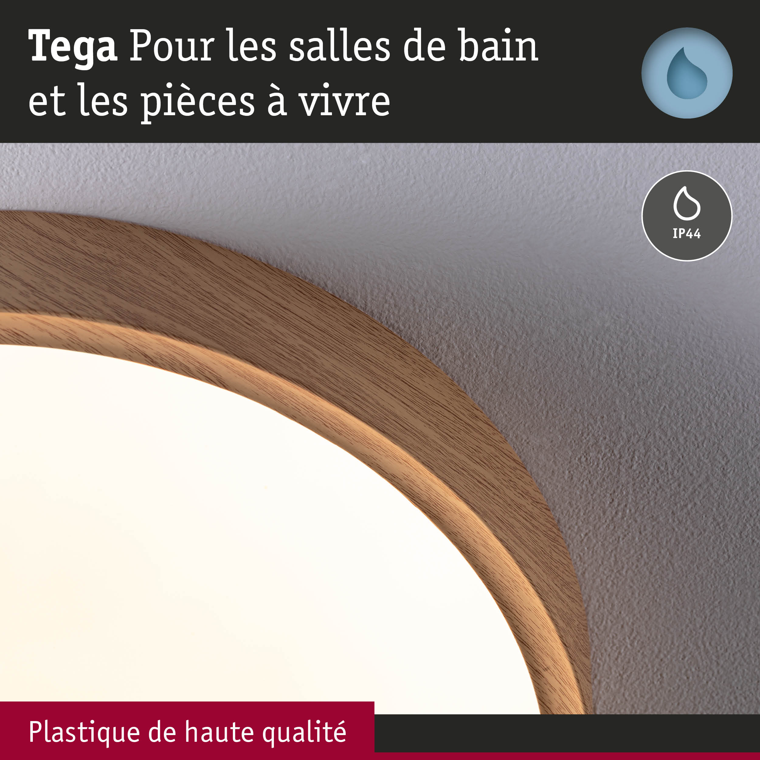Luminaire Tega pour salle de bain avec cadre en bois et protection IP44 en plastique de haute qualité