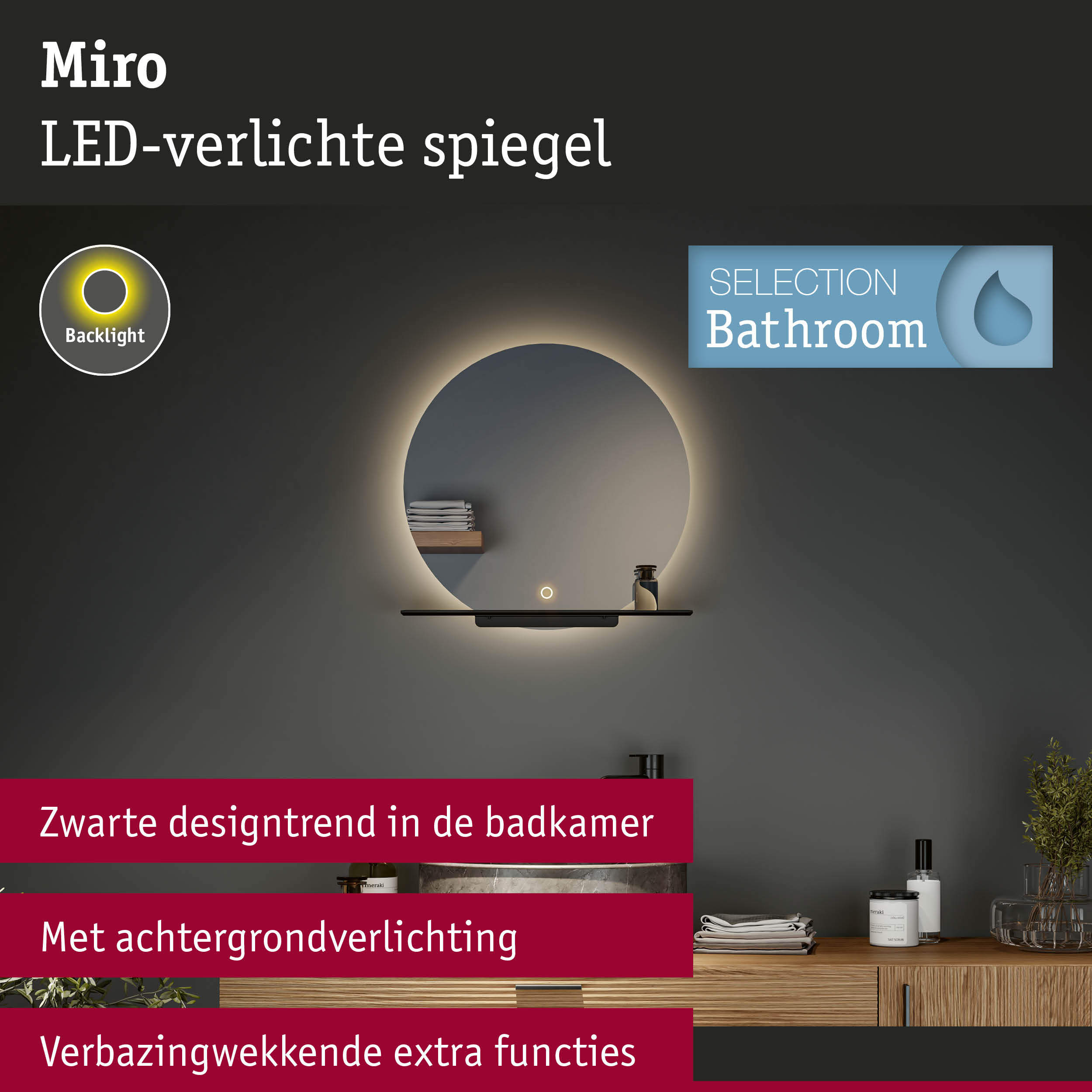 Ronde Miro LED-verlichte badkamerspiegel met zwarte rand en sfeerverlichting achterzijde