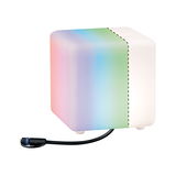 Würfelförmige LED-Leuchte mit RGB-Farbwechsel und weißem Kunststoffgehäuse, Kabelanschluss sichtbar