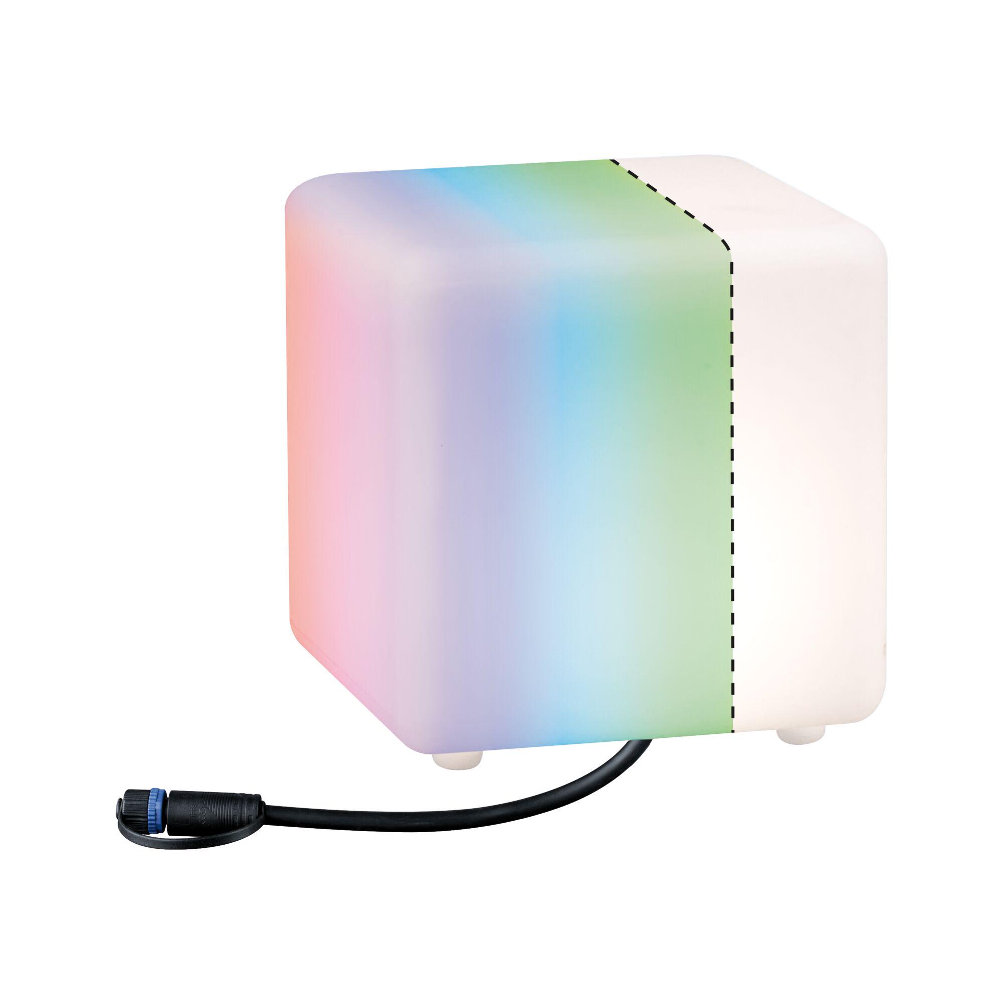 Cube-shaped LED light with RGB color change and white plastic housing, cable connection visible