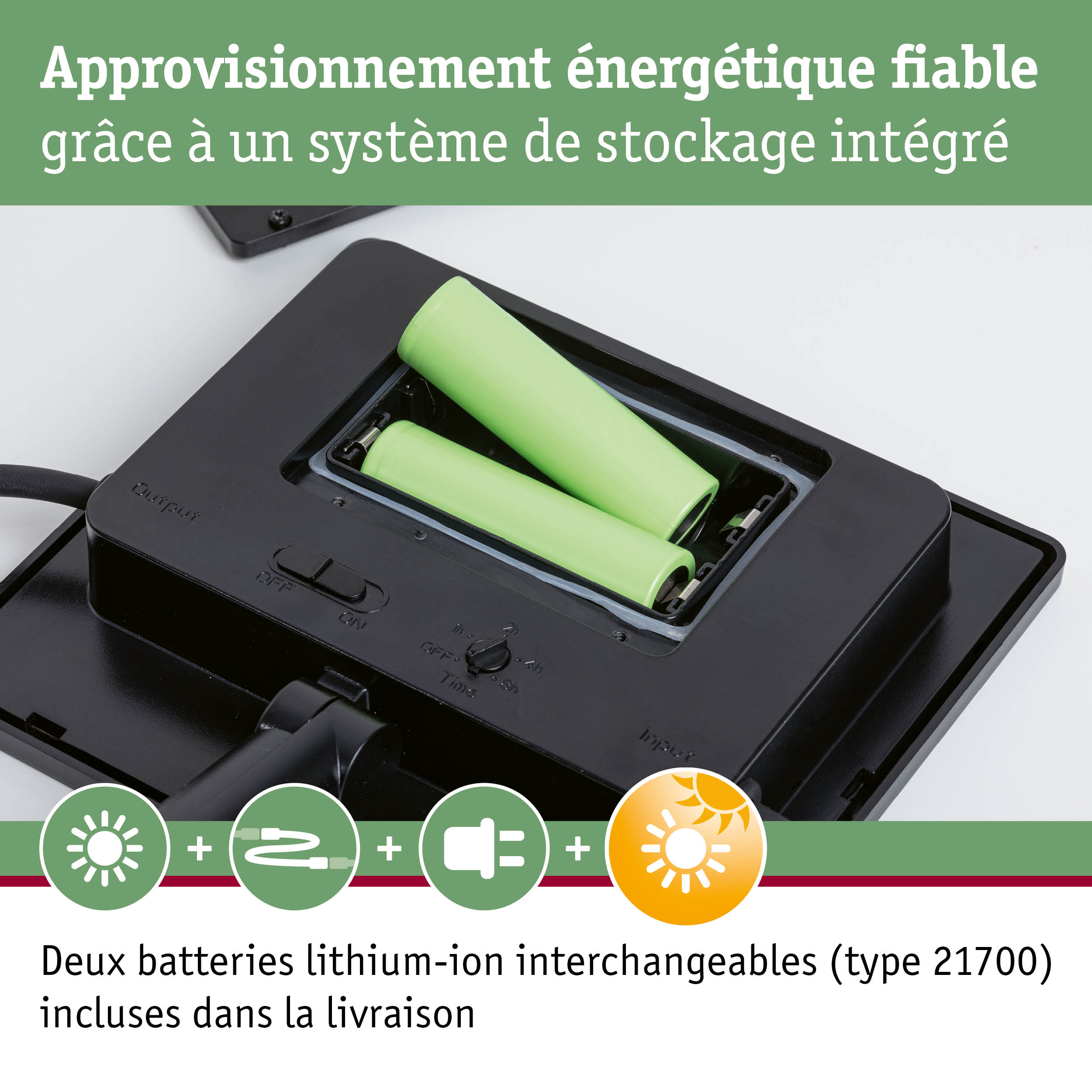Chargeur noir avec deux batteries lithium-ion vertes pour une alimentation énergétique fiable