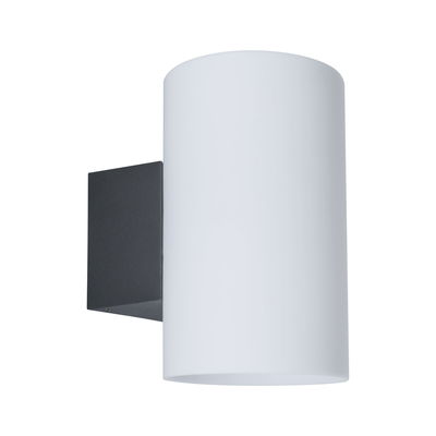 Modern wall light with white glass cylinder and black metal bracket for indoor lighting