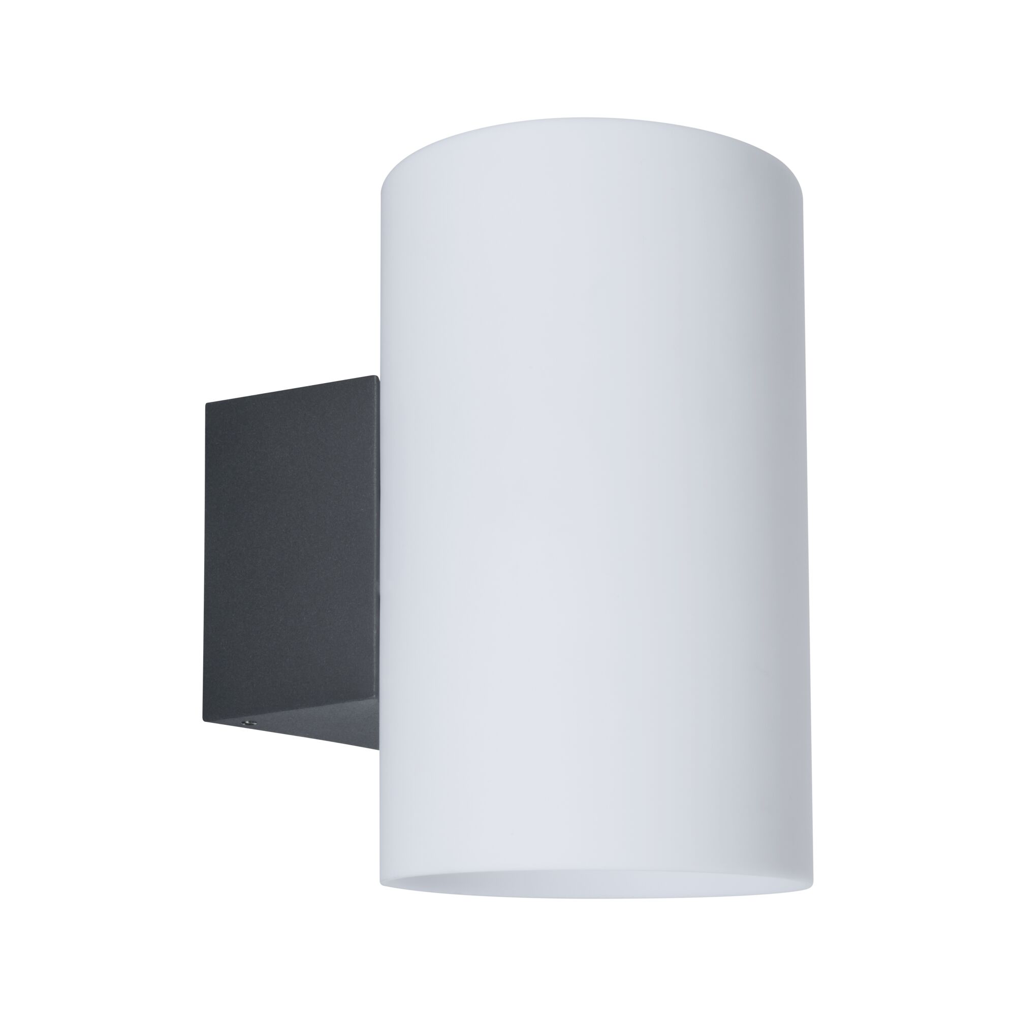 Modern wall light with white glass cylinder and black metal bracket for indoor lighting