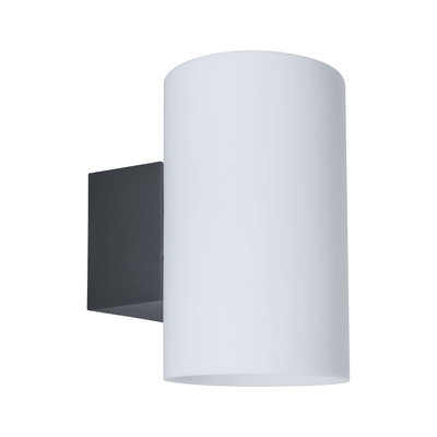 Modern wall light with white glass cylinder and black metal bracket for indoor lighting