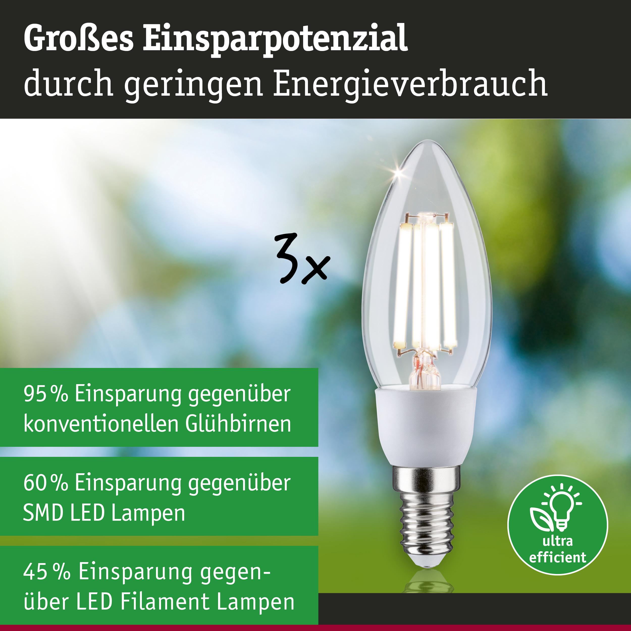 Energiesparende LED-Lampe mit klarer Glaskolbenform und E14 Sockel, hohe Effizienz und Einsparpotenzial