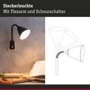 Schwarze Steckleuchte mit Flexarm und Schnurschalter an grauer Wand, Küchenbeleuchtung mit warmem Licht
