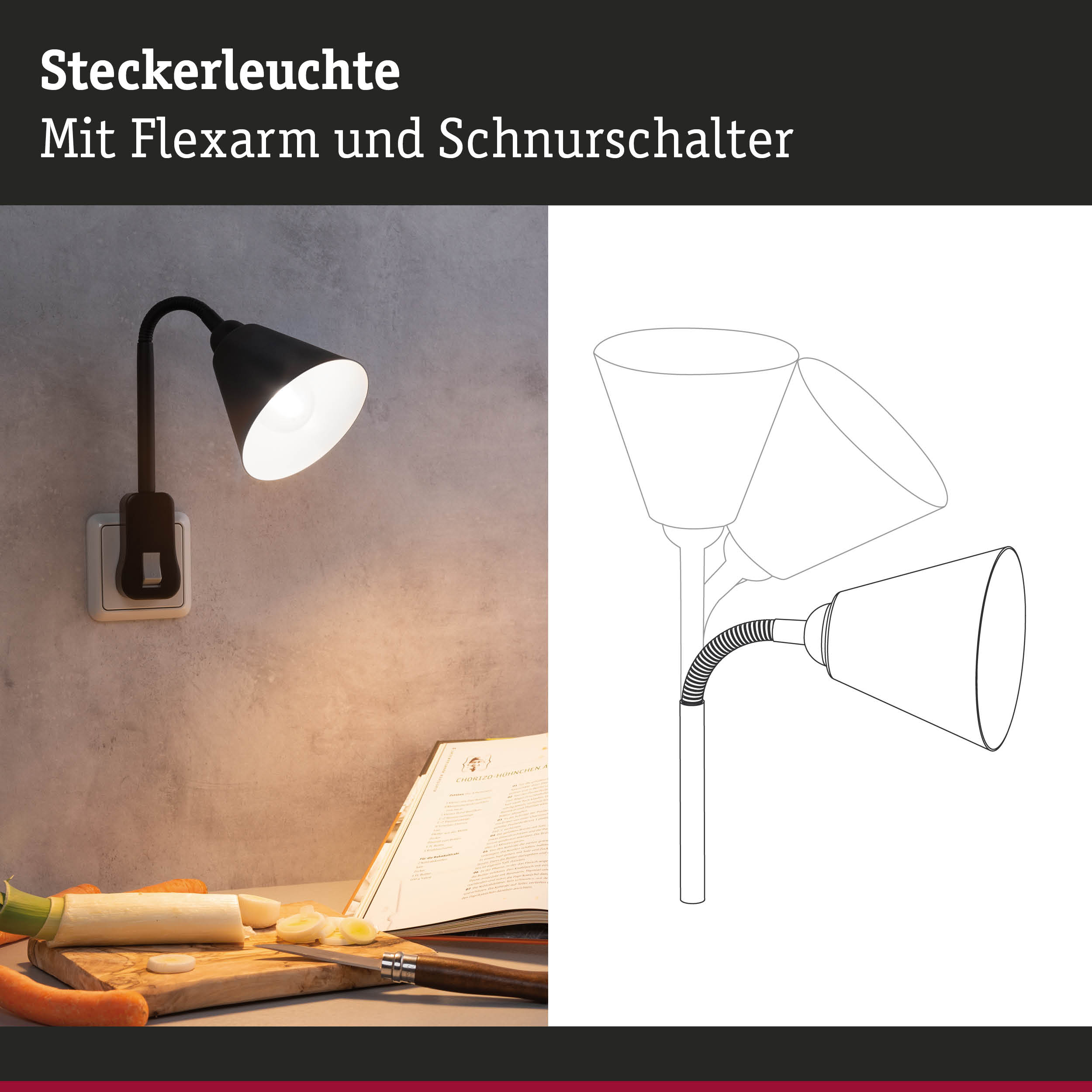 Schwarze Steckleuchte mit Flexarm und Schnurschalter an grauer Wand, Küchenbeleuchtung mit warmem Licht