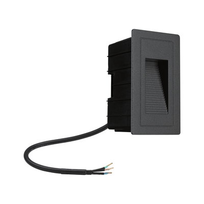 Black plastic recessed LED stair light with cable and exposed wiring for installation