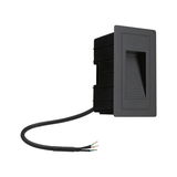 Black plastic recessed LED stair light with cable and exposed wiring for installation