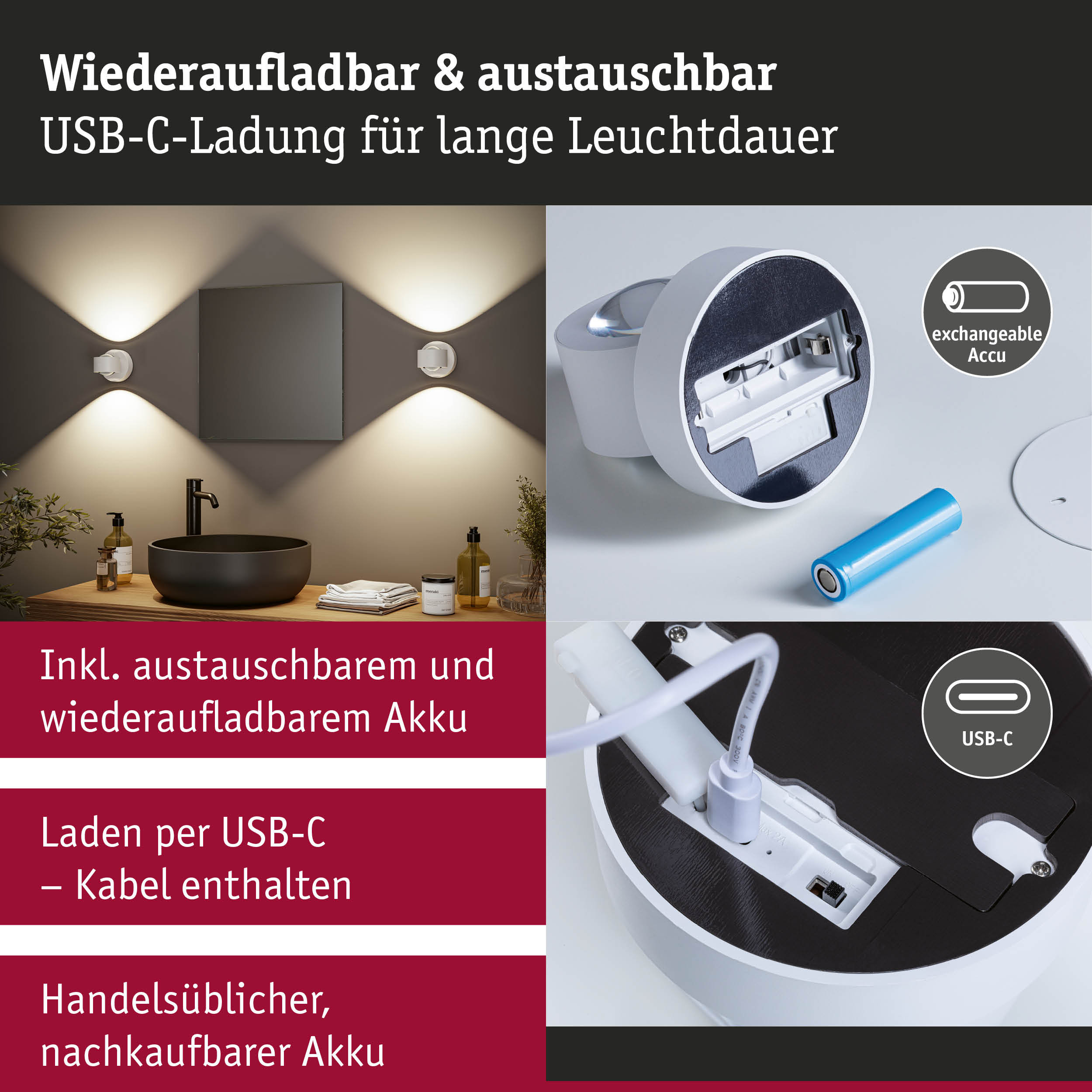 Wiederaufladbare weiße LED-Wandleuchte mit austauschbarem Akku und USB-C-Ladung für langes Licht