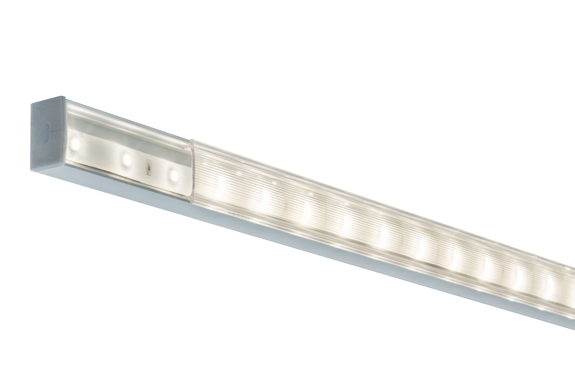 Long LED under-cabinet light in aluminum with clear diffuser for modern kitchen lighting