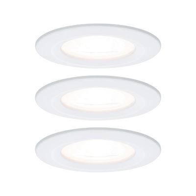 Drei weiße LED-Einbaustrahler aus Kunststoff mit warmweißem Licht für moderne Raumbeleuchtung