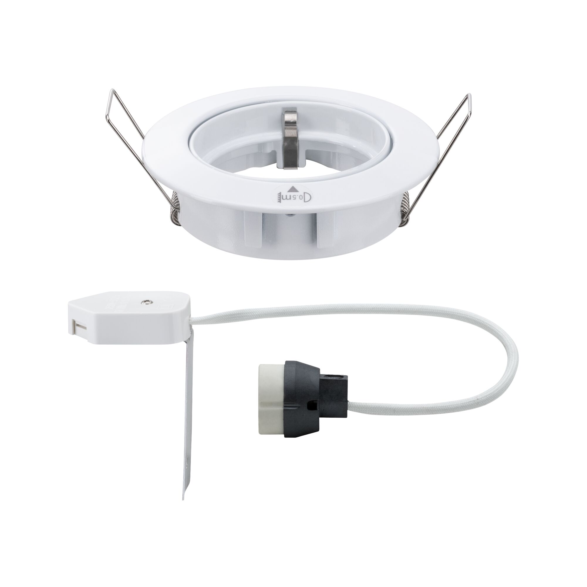 Witte kunststof inbouwspot houder met metalen veren en kabelconnector voor LED-verlichting