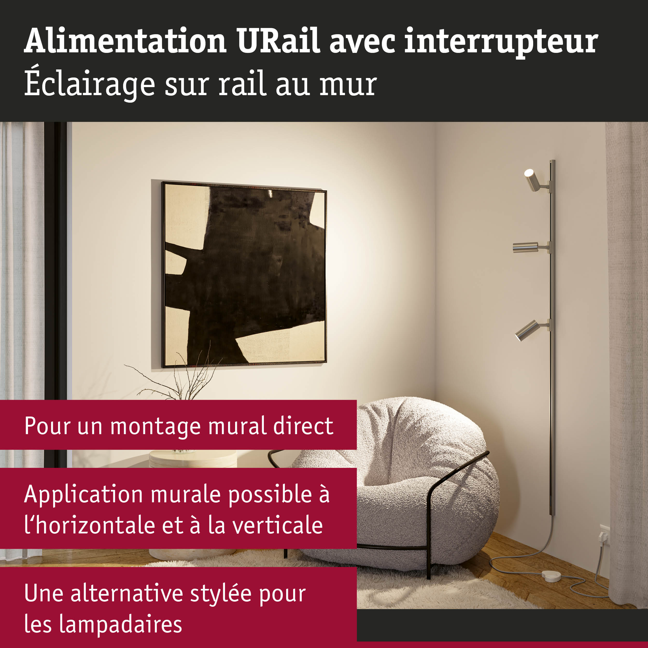 Alimentation URail moderne en argent avec interrupteur pour éclairage mural et spots LED