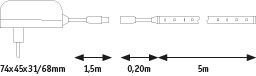 Teknisk tegning af strømforsyning med mål 74x45x31/68mm og kabellængder 1,5m, 0,2m, 5m