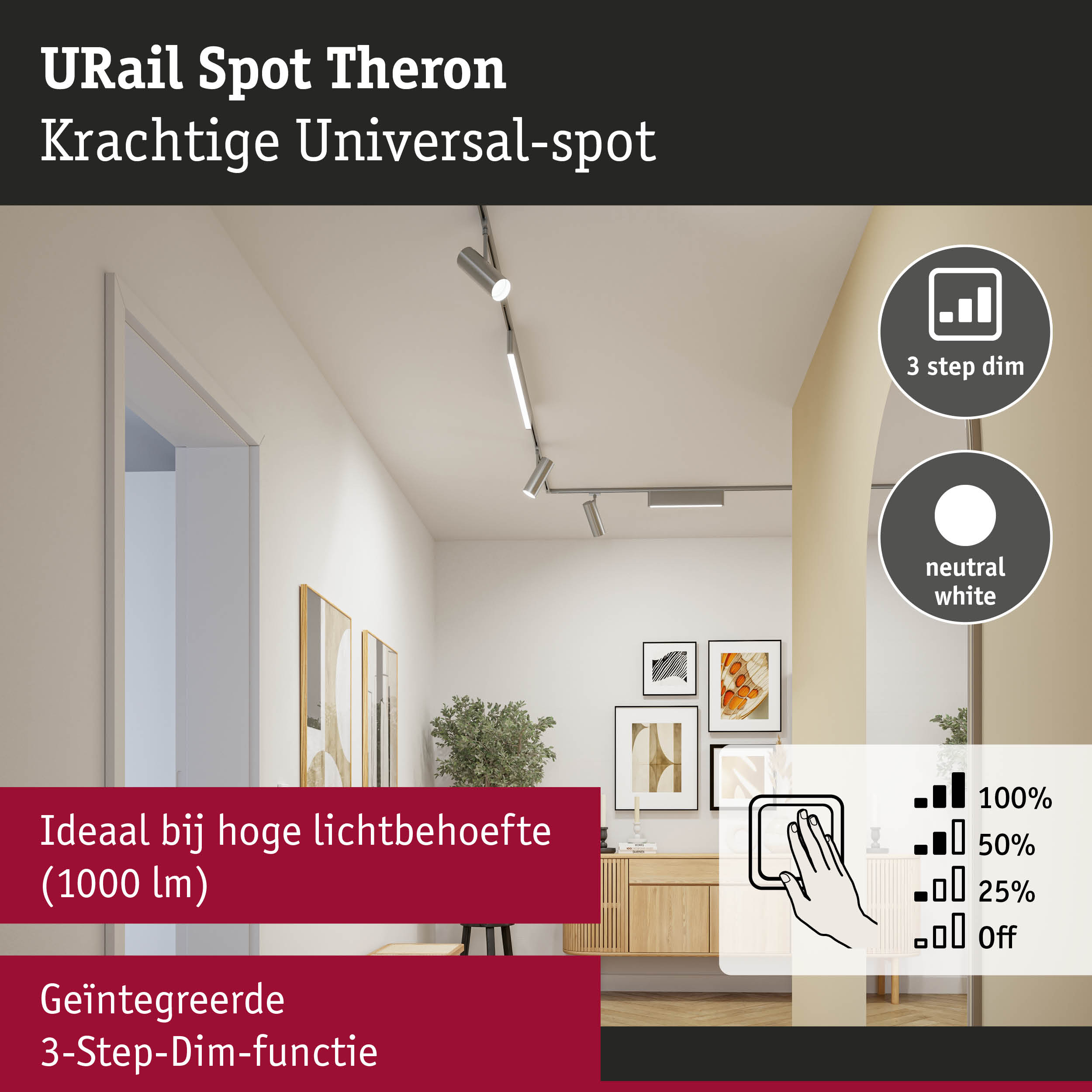URail Spot Theron aluminium plafondspot in zilver met 3-staps dimfunctie en neutraal wit licht