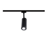 Black metal LED track light with cylindrical spotlight for modern indoor lighting solutions