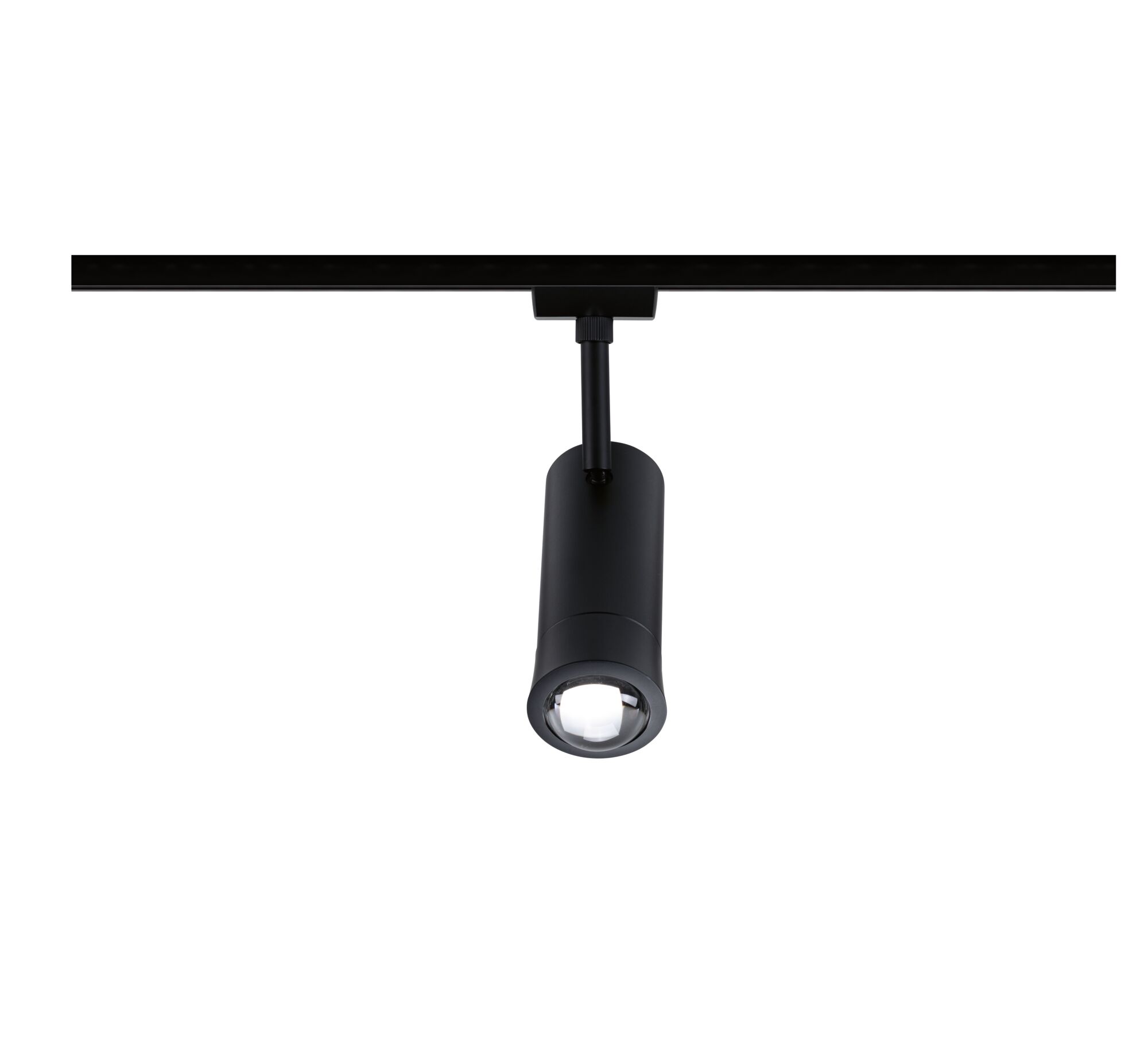 Black metal LED track light with cylindrical spotlight for modern indoor lighting solutions