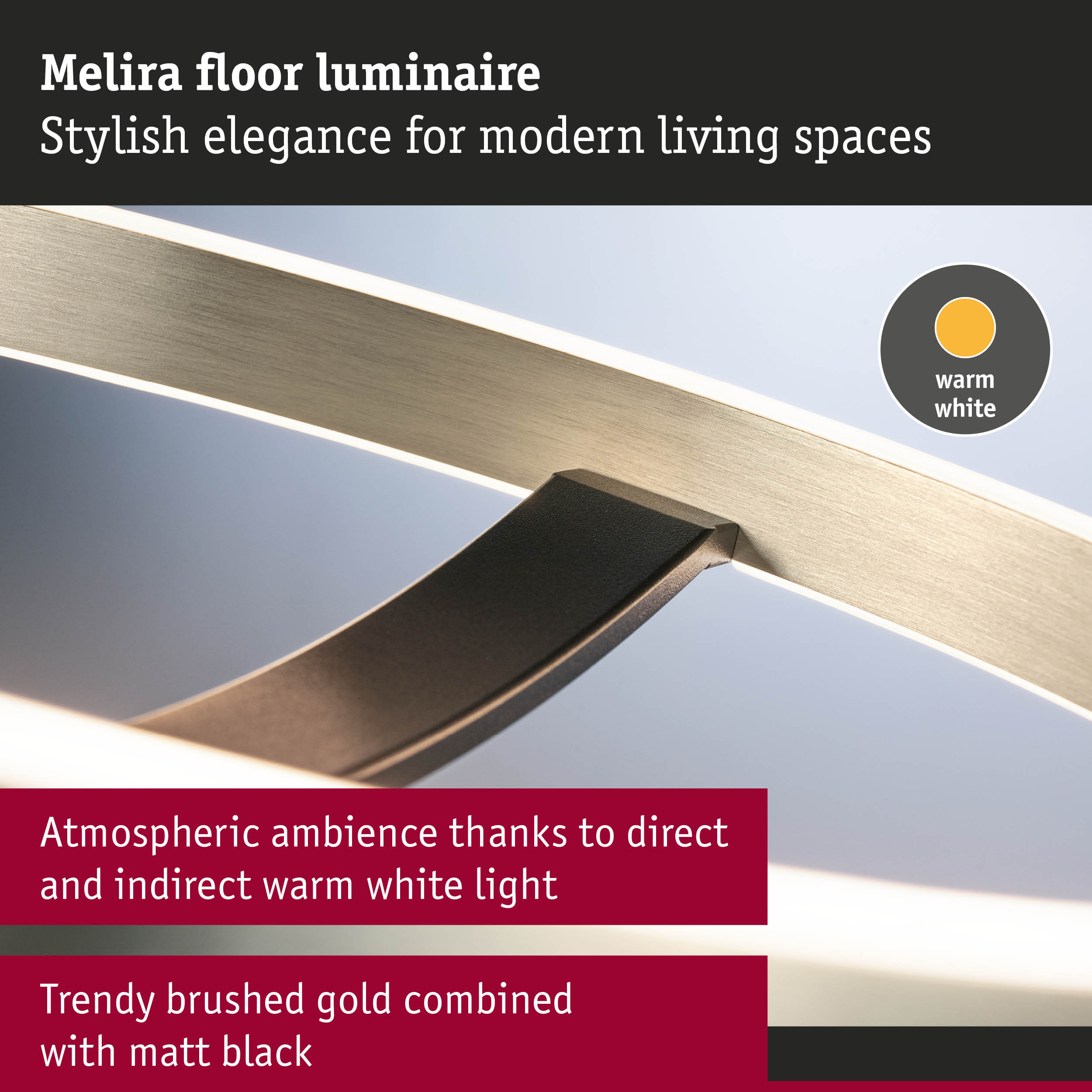Melira floor lamp in brushed gold and matt black with warm white light for stylish modern living spaces