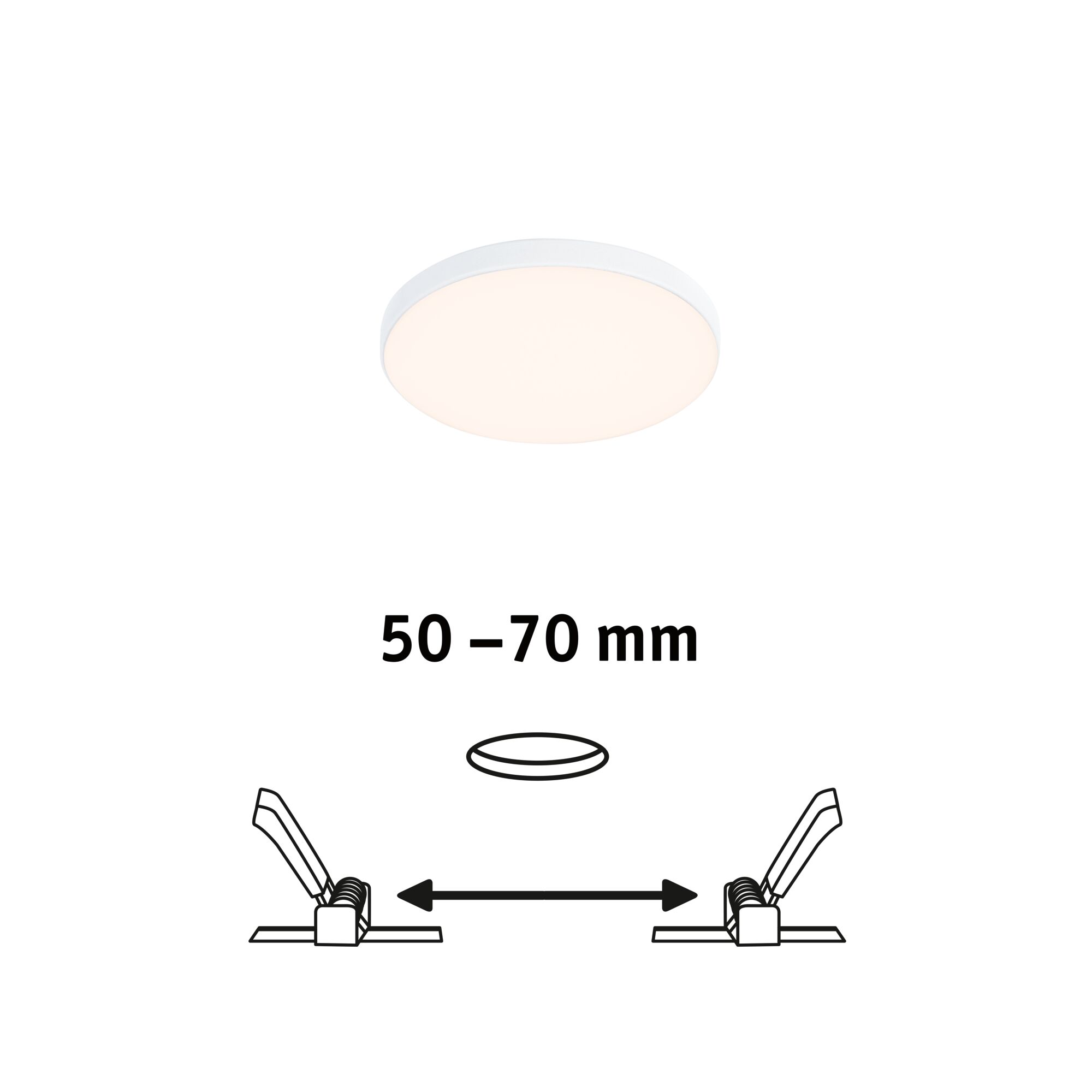 Round white LED ceiling light with slim design and 50-70 mm installation depth for modern lighting