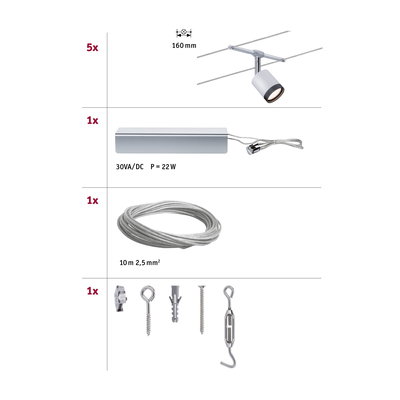 Assembly overview with 5 white LED spotlights, 22W transformer, 10m steel cable and mounting accessories for cable system.