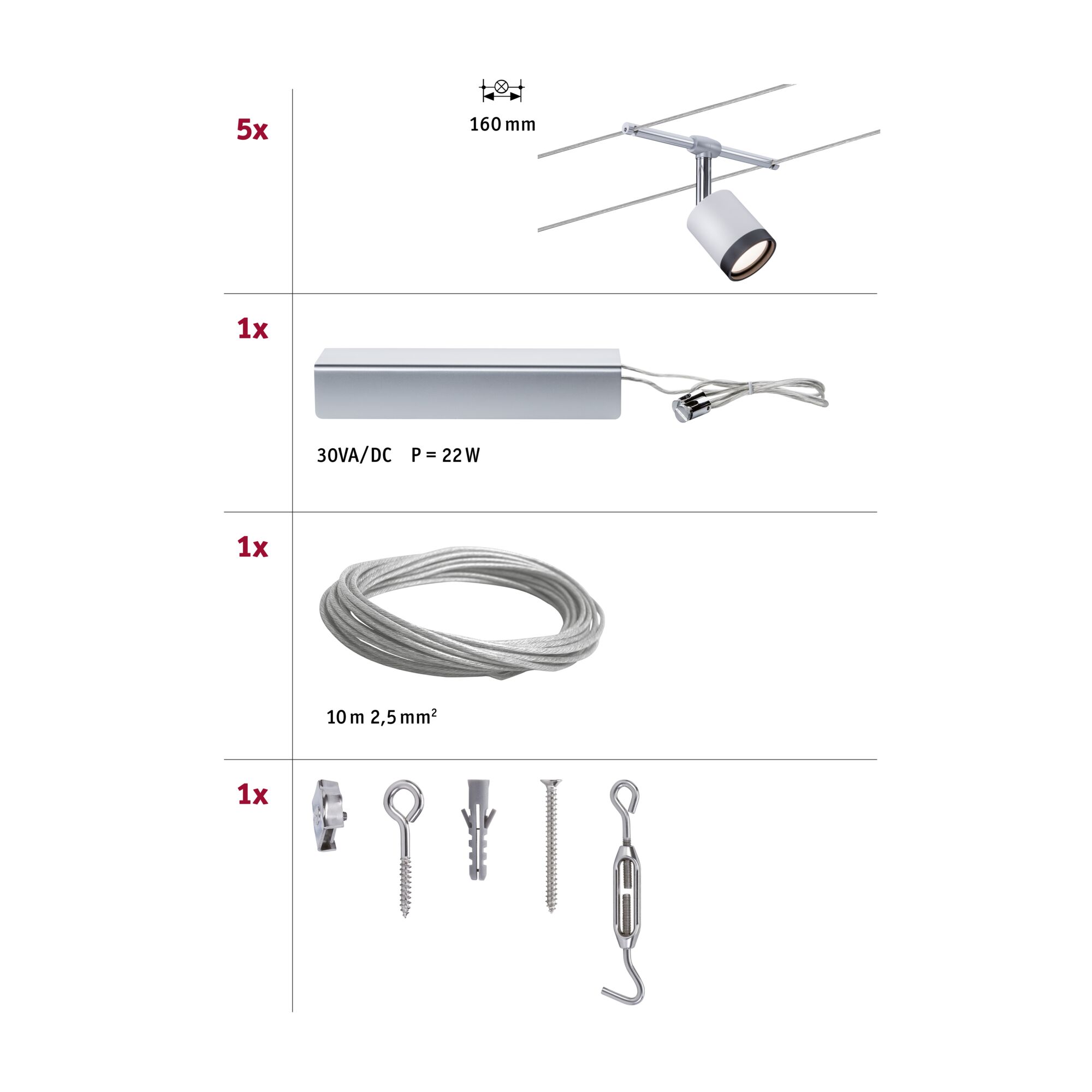 Montageübersicht mit 5 weißen LED-Strahlern, 22W Trafo, 10m Stahlseil und Montagematerial für Seilsystem.