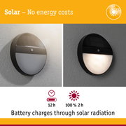 Black solar wall light with motion sensor and energy-saving LED for outdoor use