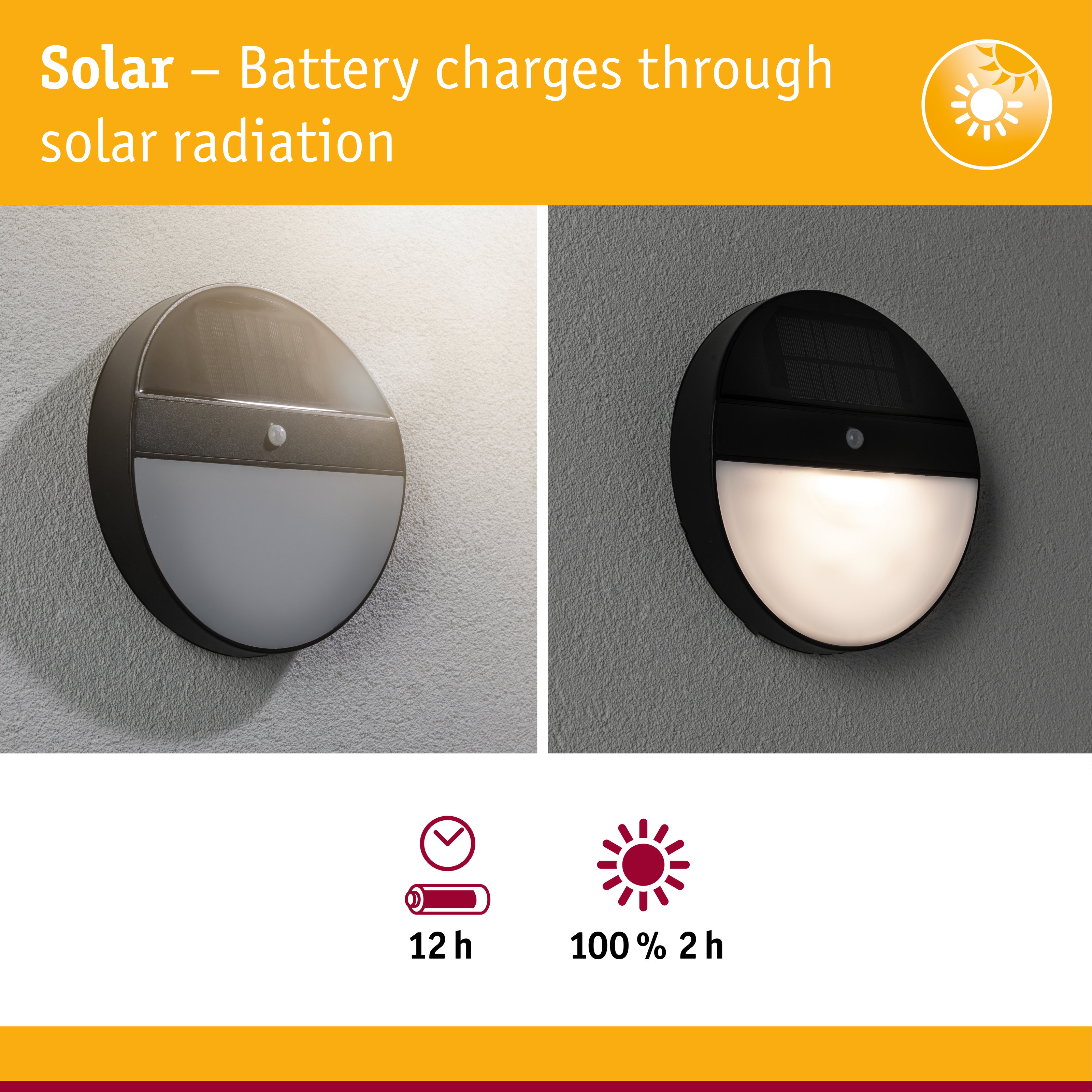 Black solar wall light with motion sensor and energy-saving LED for outdoor use
