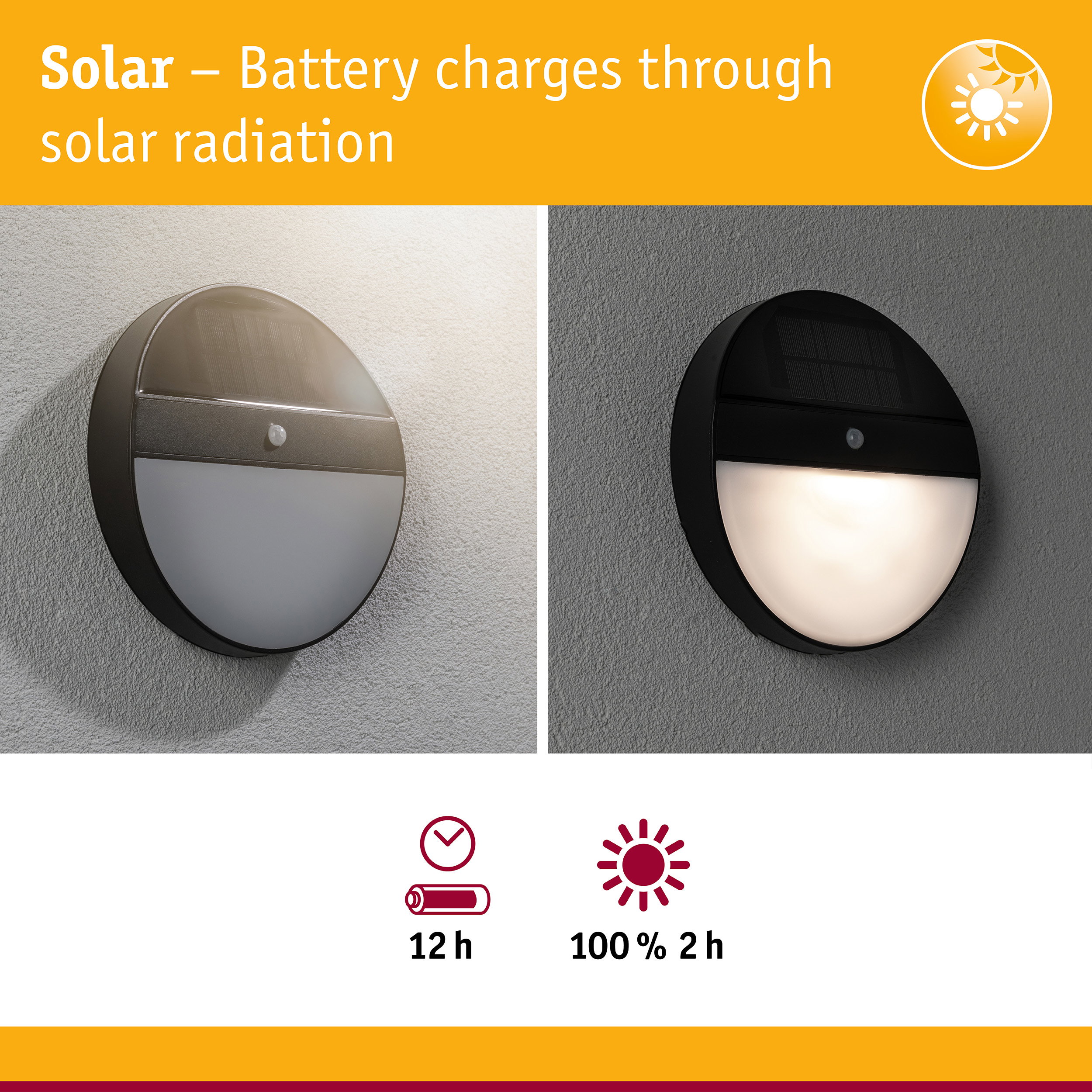 Black solar wall light with motion sensor and energy-saving LED for outdoor use