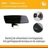 Zwart zonnepaneel met afneembare montageplaat, geïntegreerd kompas en waterpas voor eenvoudige installatie