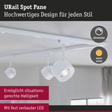Weißer URail Spot Pane LED-Strahler mit dimmbarer warmweißer Beleuchtung an Decke montiert