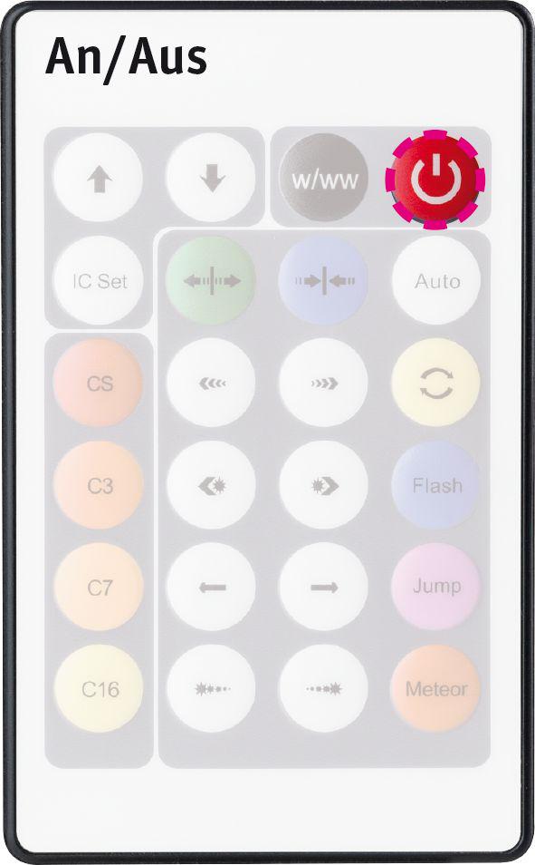 White remote control with colorful buttons and red power switch for LED lighting systems.