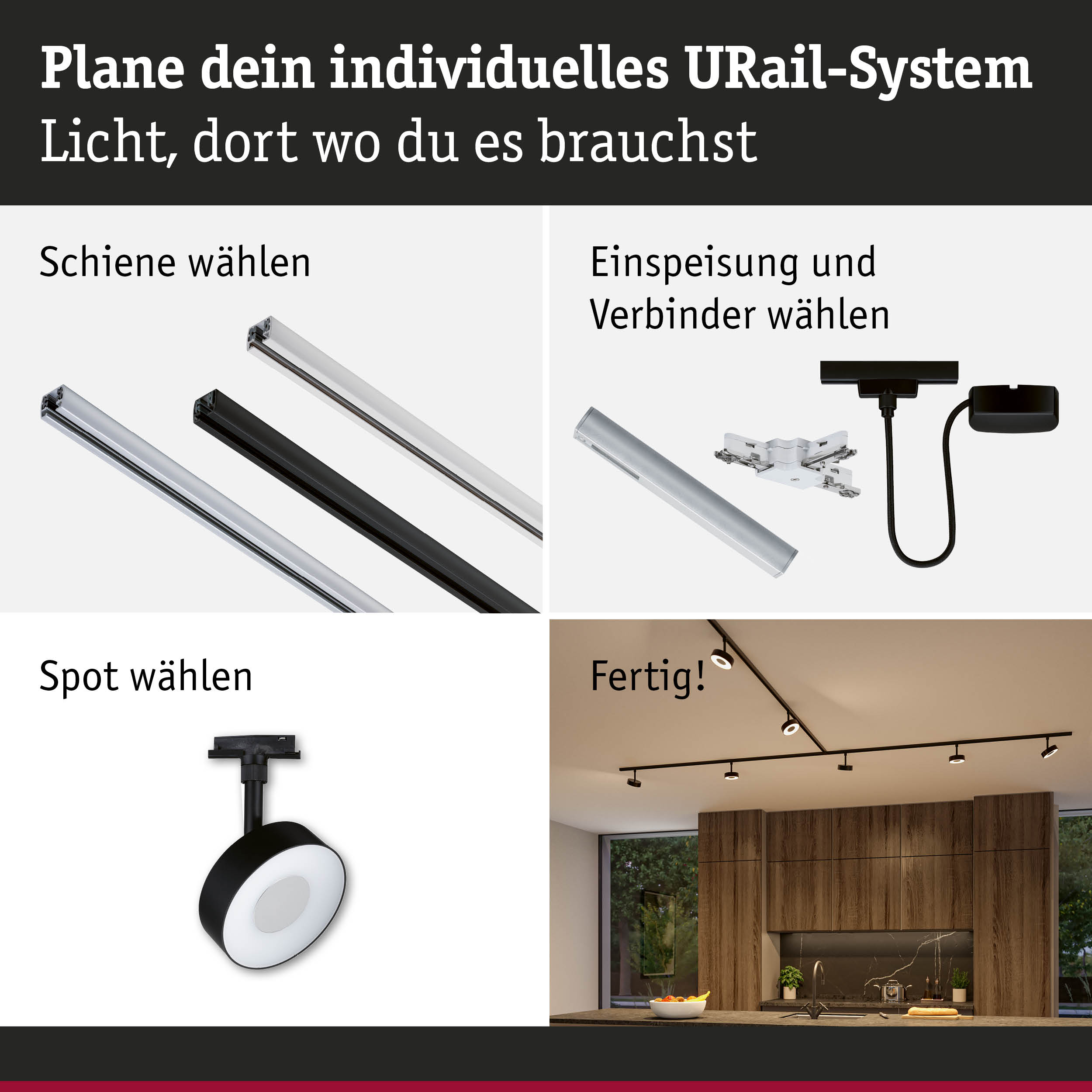 Modulares URail-Schienensystem in Schwarz und Weiß mit Spots für individuelle LED-Beleuchtung.