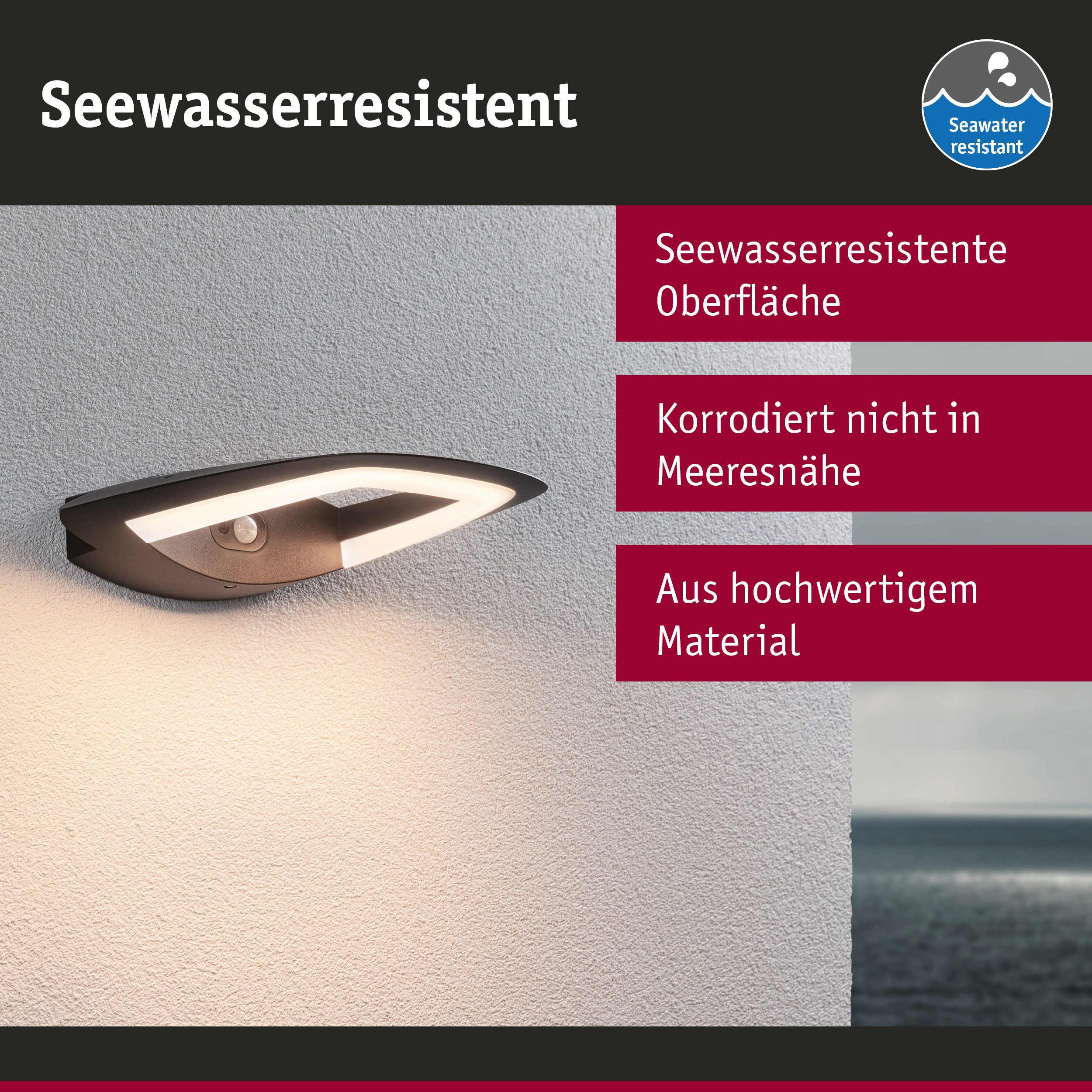 Seewasserresistenter Außenwandleuchte in Schwarz mit LED-Beleuchtung und hochwertigem Material