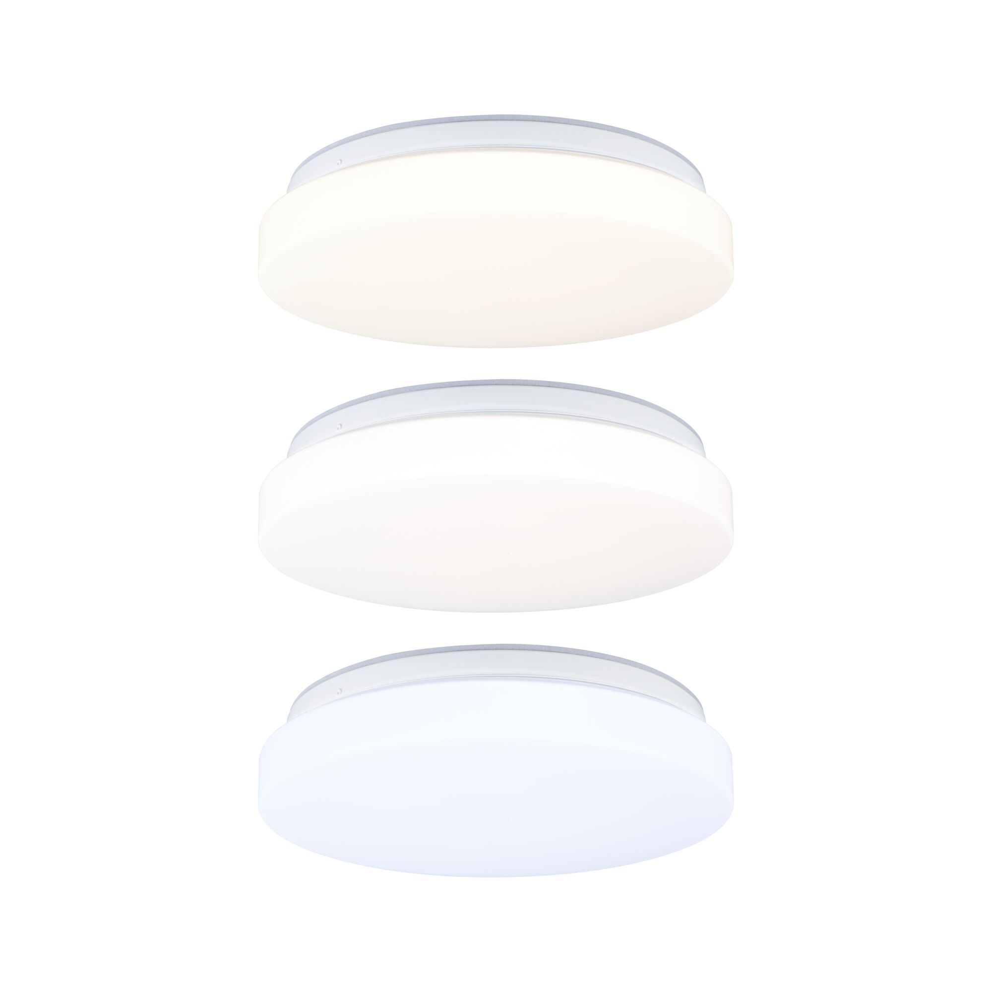 Drei runde LED-Deckenleuchten in Weiß mit verschiedenen Lichtfarben für moderne Raumbeleuchtung