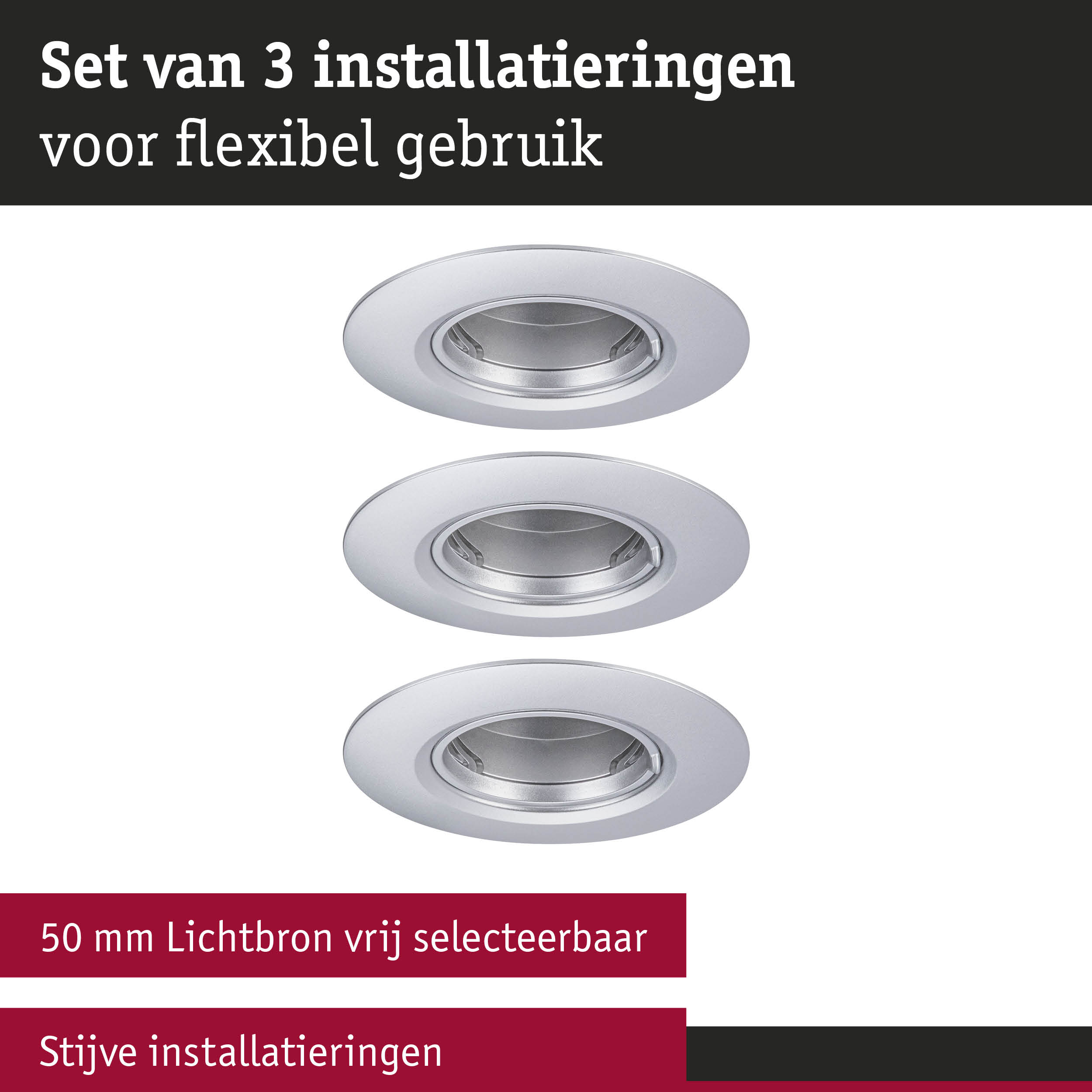 Set van 3 witte inbouwframes voor flexibel gebruik met 50 mm lichtbron en stijve installaties
