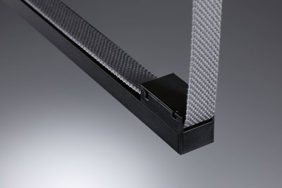 Black aluminum profile with grey textile strap for LED lighting systems, modern lighting accessory