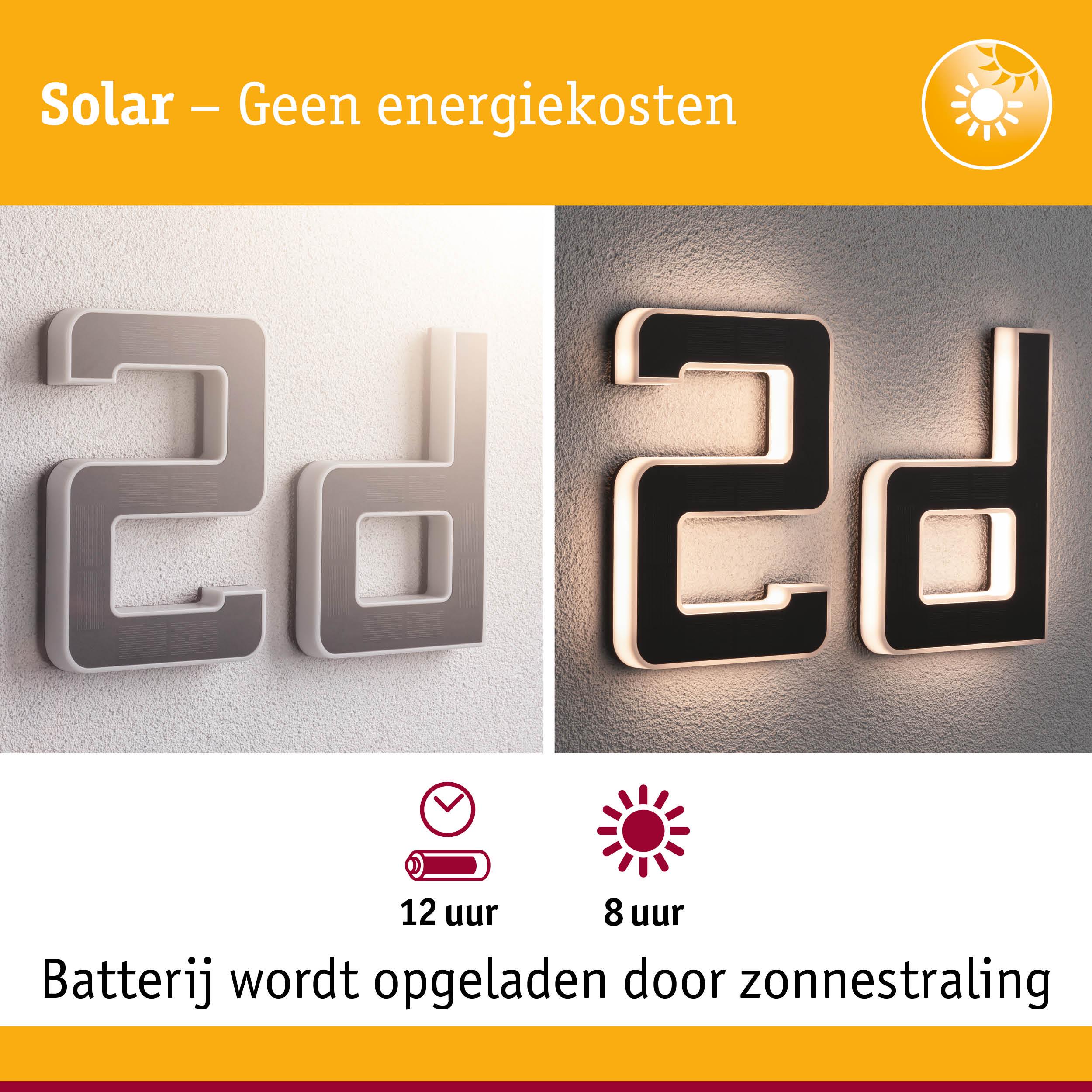 Zonne-energie huisnummer 2d van wit kunststof met LED-verlichting en batterij-oplaadfunctie