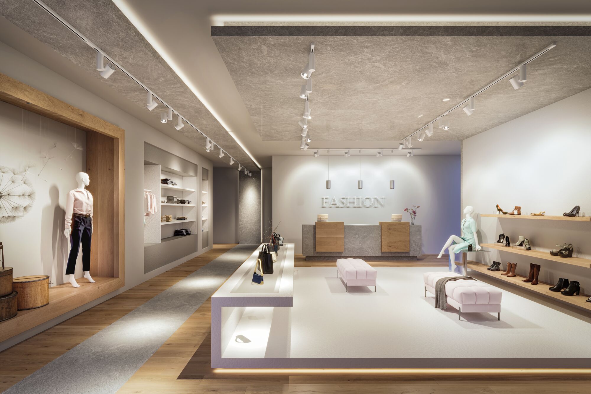 Moderne modewinkel met witte wandlampen en lichte houten planken voor schoenen en tassen