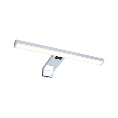Modern chrome LED mirror light with warm white illumination and touch switch for bathroom lighting